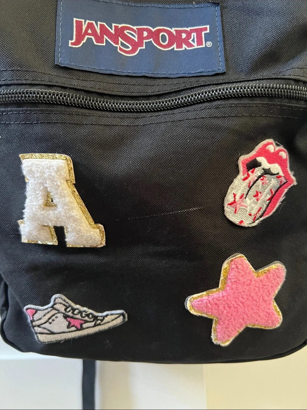 Jansport Black Big Student Backpack with Colorful Patch Accents